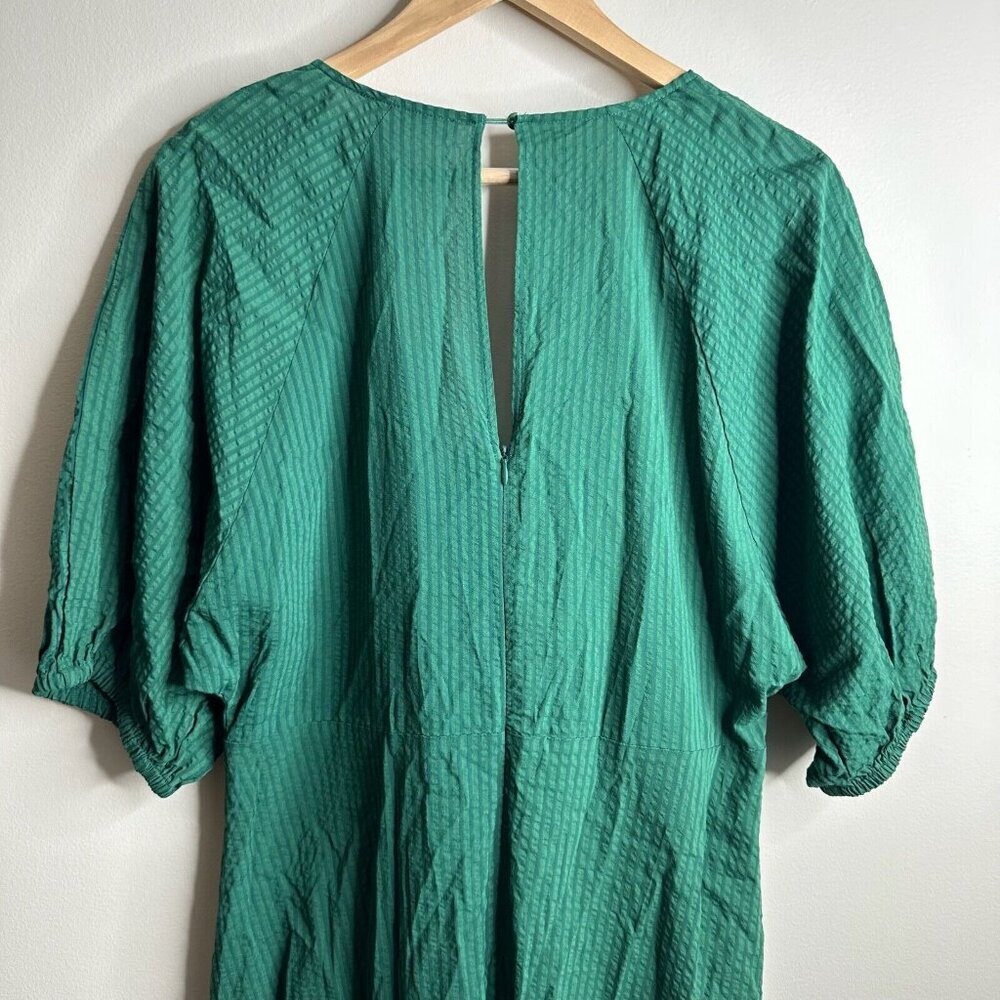 Mango MNG Midi Dress Womens XL Green Striped Boho Puff Sleeve Twist Wrap Tie - Picture 10 of 14